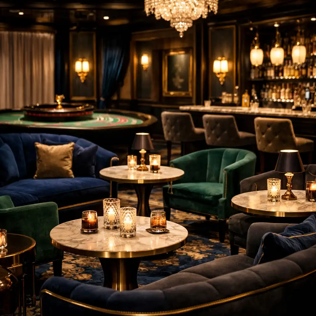 Elegáns kaszinó lounge bársony ülésekkel, arany díszítéssel és meleg hangulatvilágítással