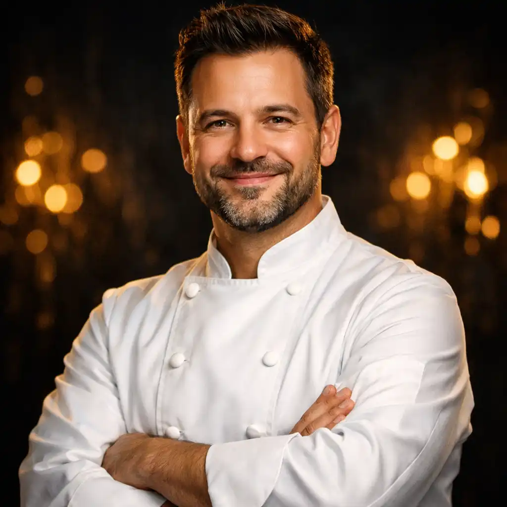 Kovács András executive chef portréja fehér szakácskabátban