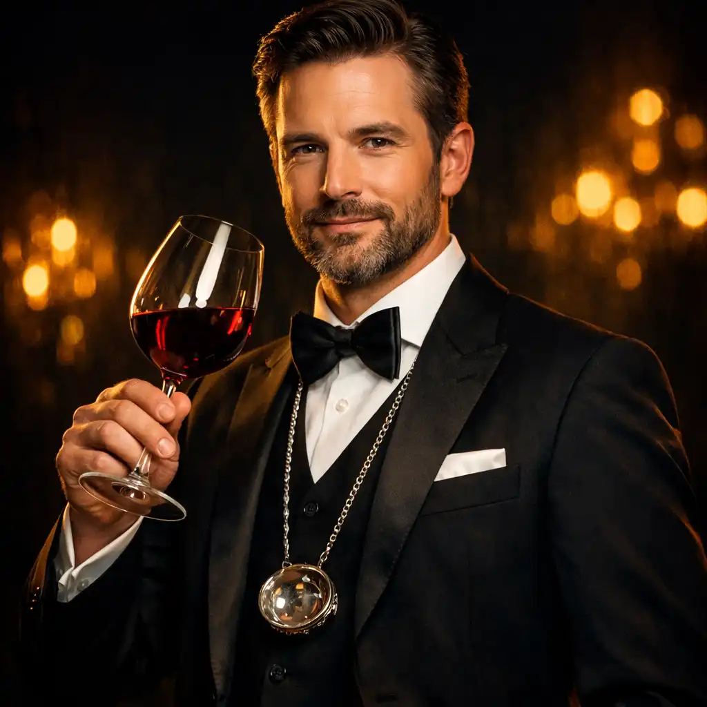 Szabó Péter sommelier portréja, kezében egy pohár borral