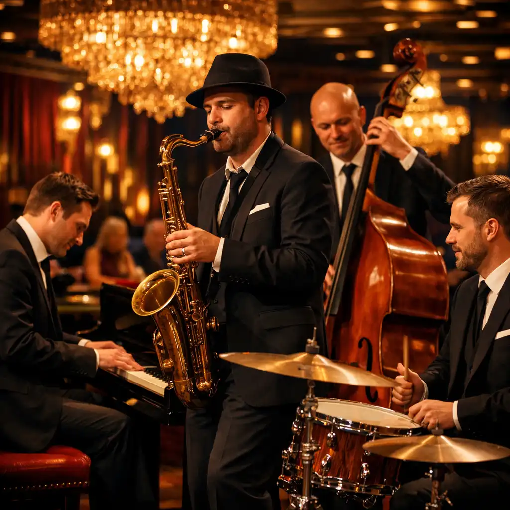 Élő jazz zenekar játszik egy elegáns kaszinó lounge-ban, csillárok alatt