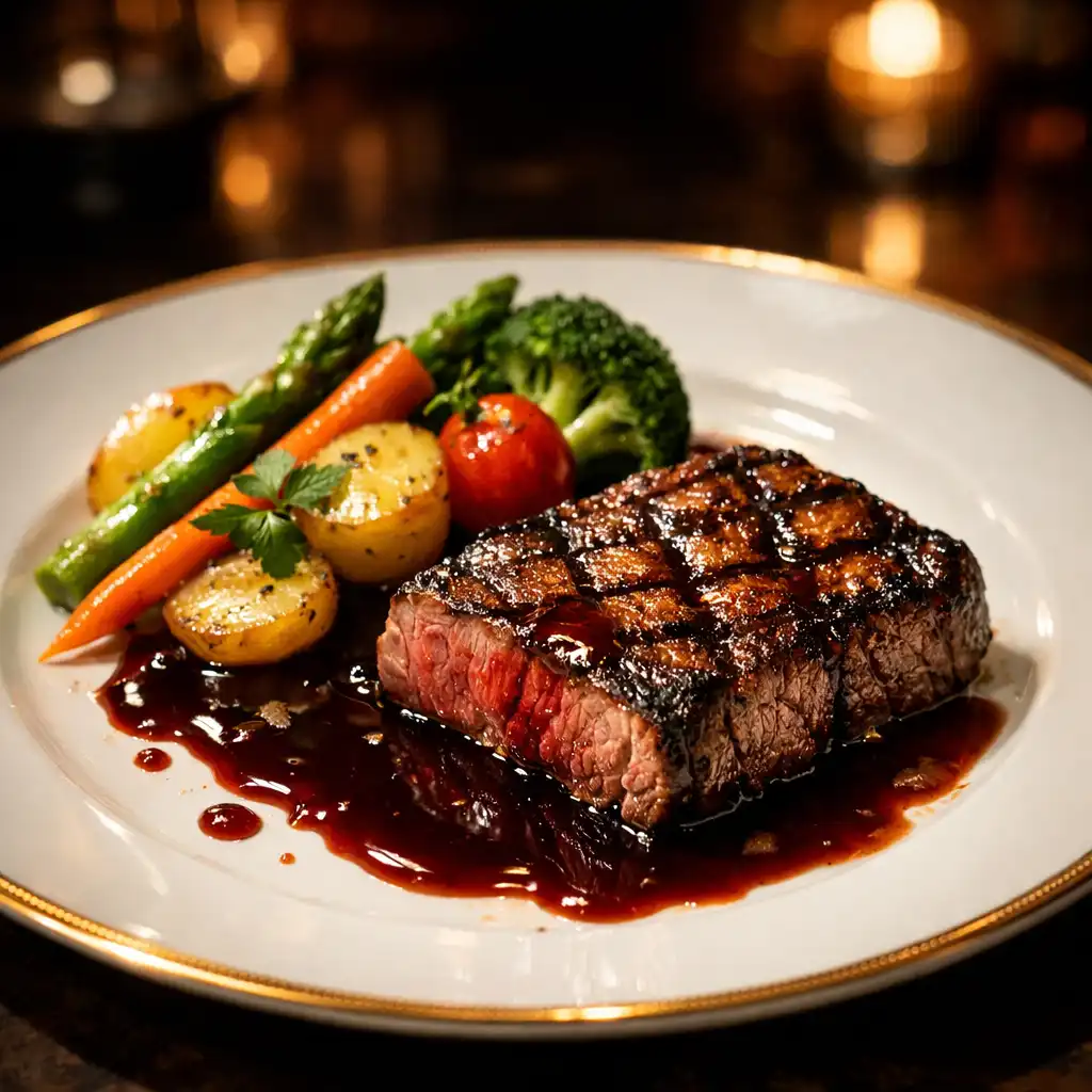 Tökéletesen grillezett steak szelet vörösboros mártással és friss zöldségekkel