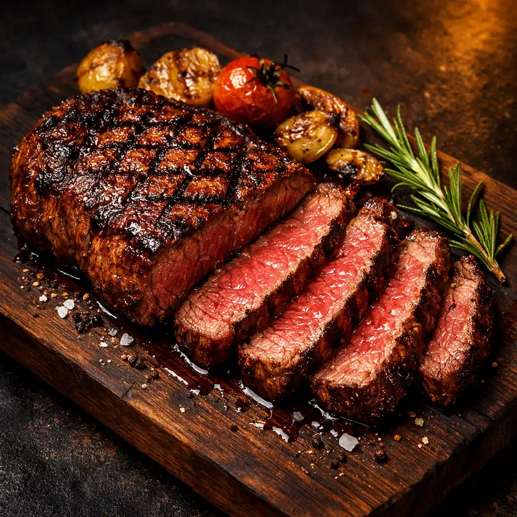 Tökéletesen grillezett prémium steak szeletelve, sült zöldségekkel