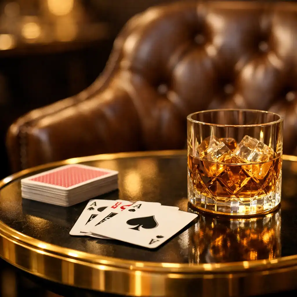 A kaszinó lounge belső részlete: arany szegélyű asztal kártyákkal, whiskys pohárral és bőrfotellel