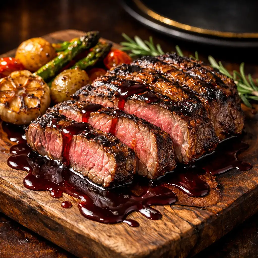 Tökéletesen grillezett érlelt marha steak szeletelve, sült zöldségekkel és vörösboros mártással